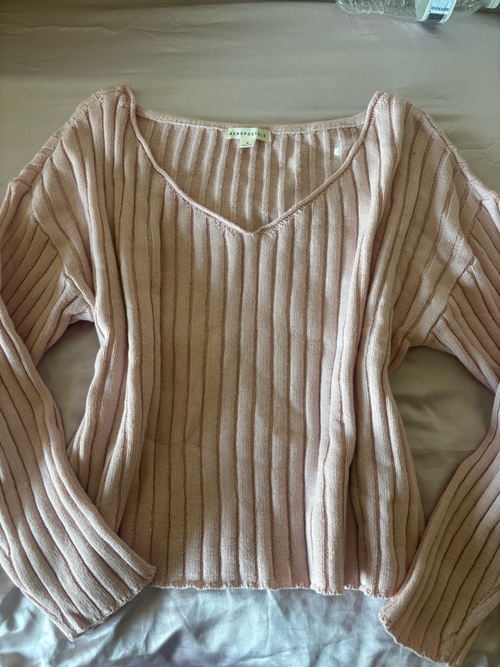 Aeropostale Women's Ribbed V-Neck Sweater - Blush Pink